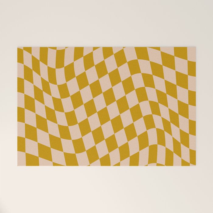 Retro Wavy Optical Illusion Checkerboard Pattern in Mustard Yellow and Cream Welcome Mat Gallery Image 1