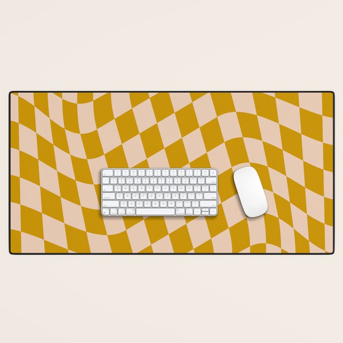 Retro Wavy Optical Illusion Checkerboard Pattern in Mustard Yellow and Cream Desk Mat Gallery Image 1