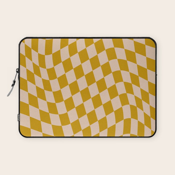 Retro Wavy Optical Illusion Checkerboard Pattern in Mustard Yellow and Cream Laptop Sleeve