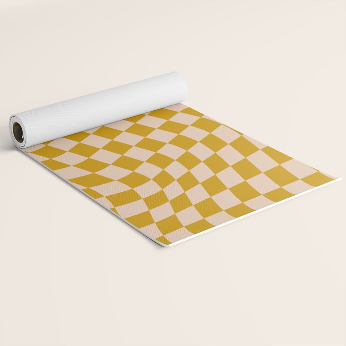 Retro Wavy Optical Illusion Checkerboard Pattern in Mustard Yellow and Cream Yoga Mat Gallery Image 2