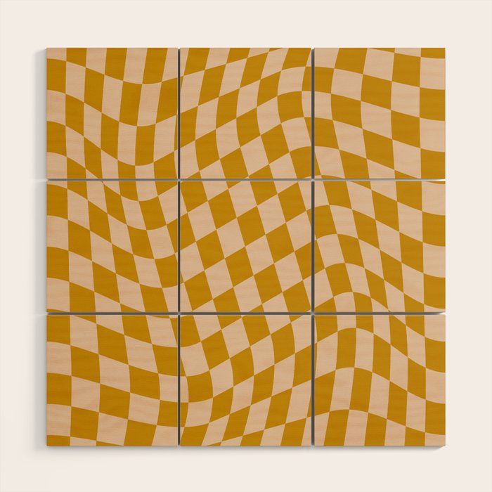 Retro Wavy Optical Illusion Checkerboard Pattern in Mustard Yellow and Cream Wood Wall Art Gallery Image 1