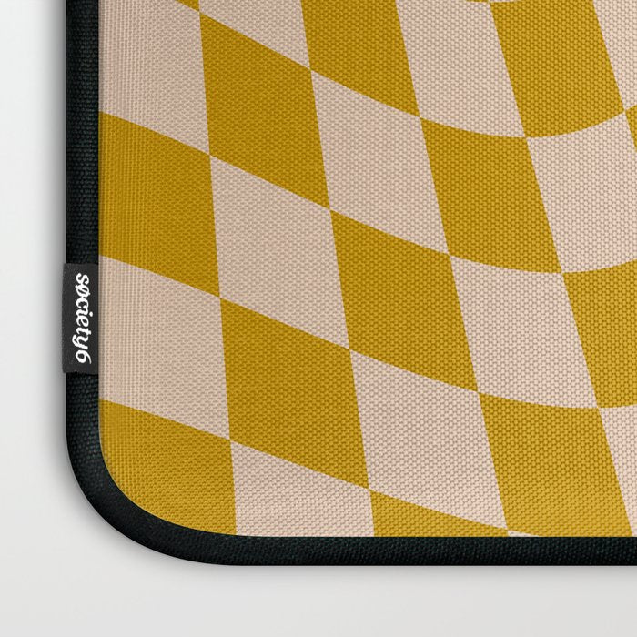 Retro Wavy Optical Illusion Checkerboard Pattern in Mustard Yellow and Cream Laptop Sleeve Gallery Image 3