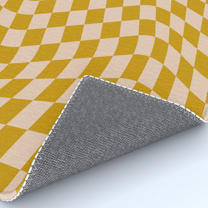 Retro Wavy Optical Illusion Checkerboard Pattern in Mustard Yellow and Cream Rug Gallery Image 4