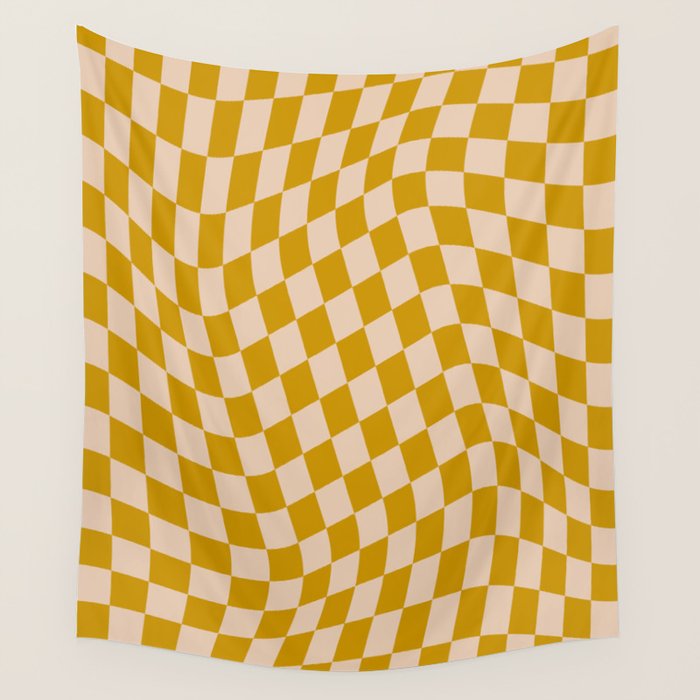 Retro Wavy Optical Illusion Checkerboard Pattern in Mustard Yellow and Cream Wall Tapestry Gallery Image 4