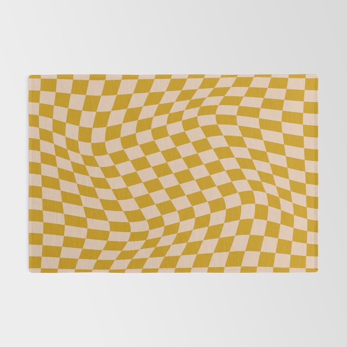 Retro Wavy Optical Illusion Checkerboard Pattern in Mustard Yellow and Cream Rug Gallery Image 2