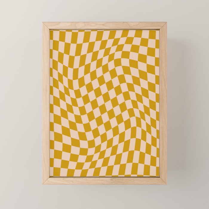 Retro Wavy Optical Illusion Checkerboard Pattern in Mustard Yellow and Cream Mini Art Print Gallery Image 1