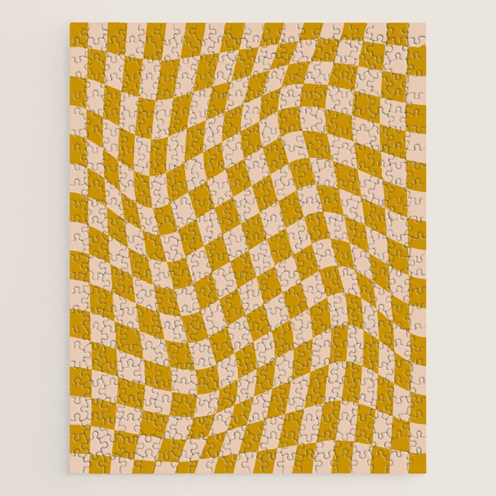 Retro Wavy Optical Illusion Checkerboard Pattern in Mustard Yellow and Cream Jigsaw Puzzle Gallery Image 1