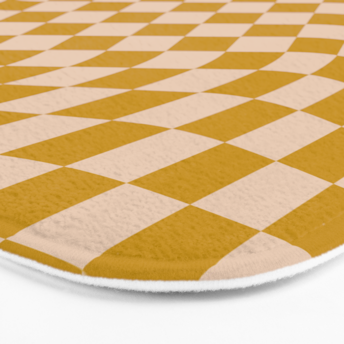 Retro Wavy Optical Illusion Checkerboard Pattern in Mustard Yellow and Cream Bath Mat Gallery Image 3