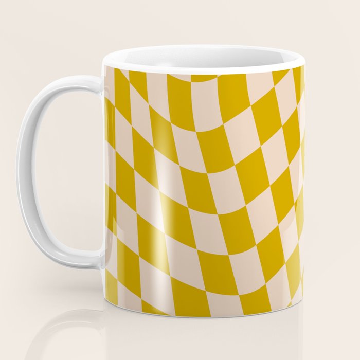 Retro Wavy Optical Illusion Checkerboard Pattern in Mustard Yellow and Cream Coffee Mug Gallery Image 3