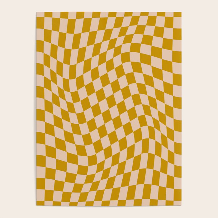 Retro Wavy Optical Illusion Checkerboard Pattern in Mustard Yellow and Cream Poster Gallery Image 4