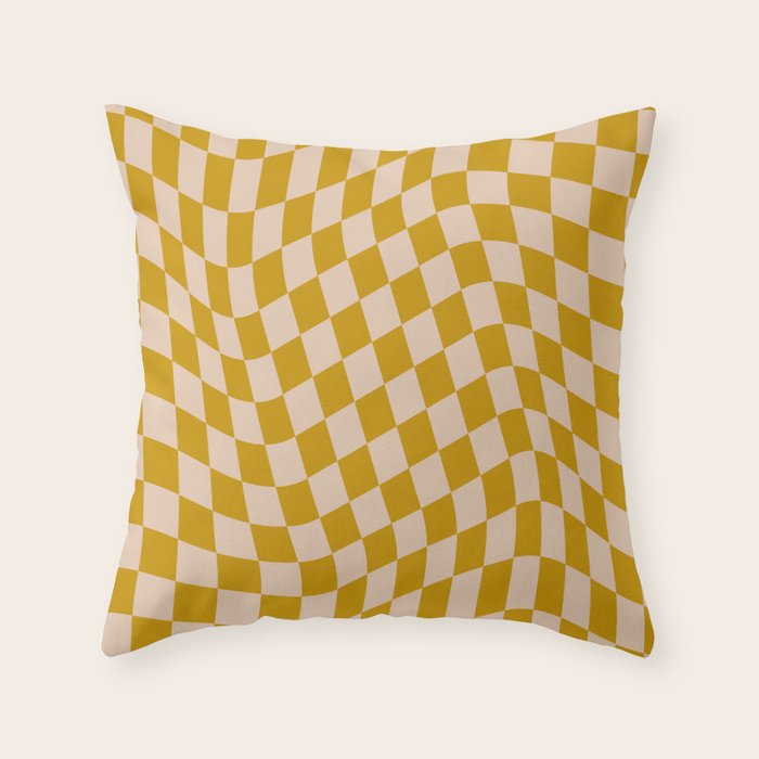 Retro Wavy Optical Illusion Checkerboard Pattern in Mustard Yellow and Cream Throw Pillow Gallery Image 1