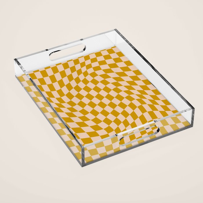 Retro Wavy Optical Illusion Checkerboard Pattern in Mustard Yellow and Cream Acrylic Tray Gallery Image 1