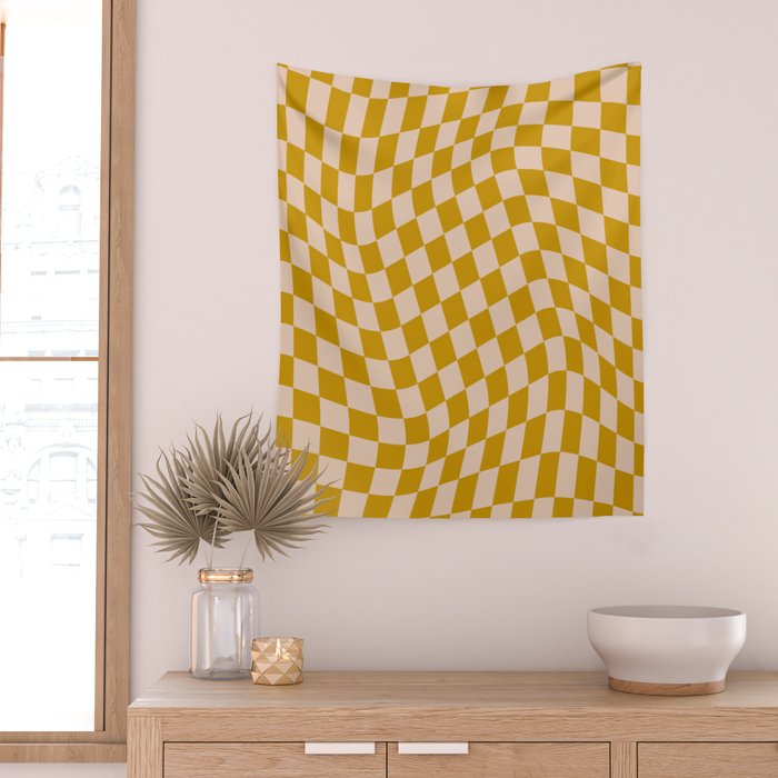 Retro Wavy Optical Illusion Checkerboard Pattern in Mustard Yellow and Cream Wall Tapestry Gallery Image 2