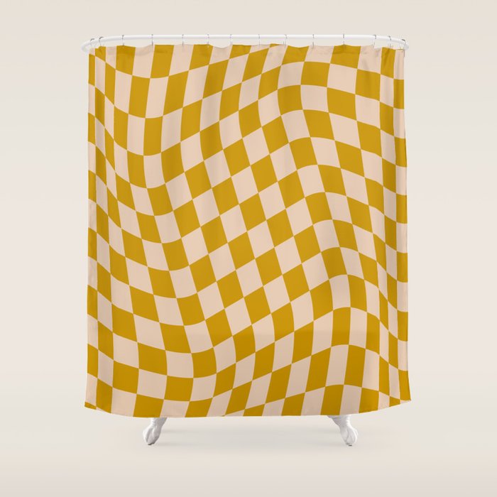 Retro Wavy Optical Illusion Checkerboard Pattern in Mustard Yellow and Cream Shower Curtain Gallery Image 1