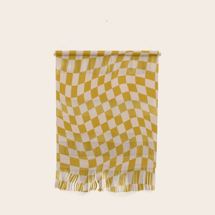 Retro Wavy Optical Illusion Checkerboard Pattern in Mustard Yellow and Cream Wall Hanging Gallery Image 1