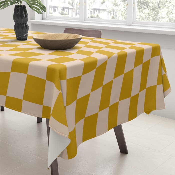 Retro Wavy Optical Illusion Checkerboard Pattern in Mustard Yellow and Cream Tablecloth Gallery Image 3