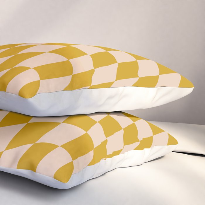 Retro Wavy Optical Illusion Checkerboard Pattern in Mustard Yellow and Cream Pillow Sham Gallery Image 3