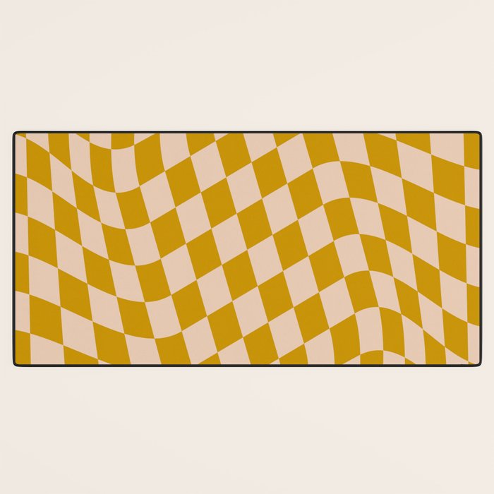 Retro Wavy Optical Illusion Checkerboard Pattern in Mustard Yellow and Cream Desk Mat Gallery Image 3