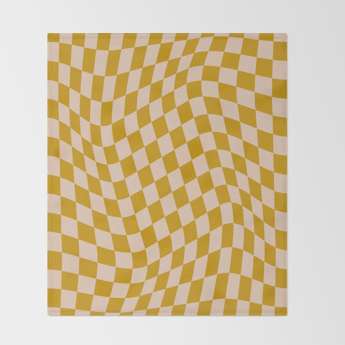 Retro Wavy Optical Illusion Checkerboard Pattern in Mustard Yellow and Cream Throw Blanket Gallery Image 2