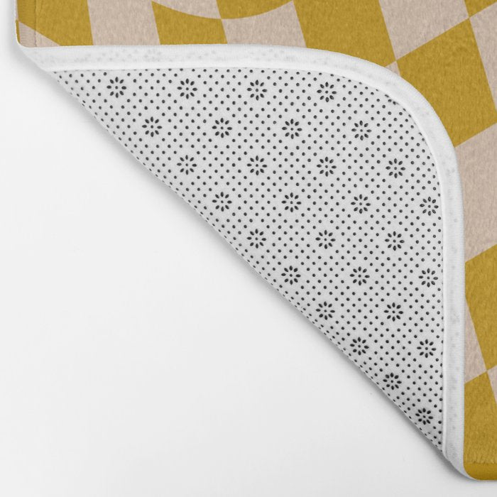Retro Wavy Optical Illusion Checkerboard Pattern in Mustard Yellow and Cream Bath Mat Gallery Image 2