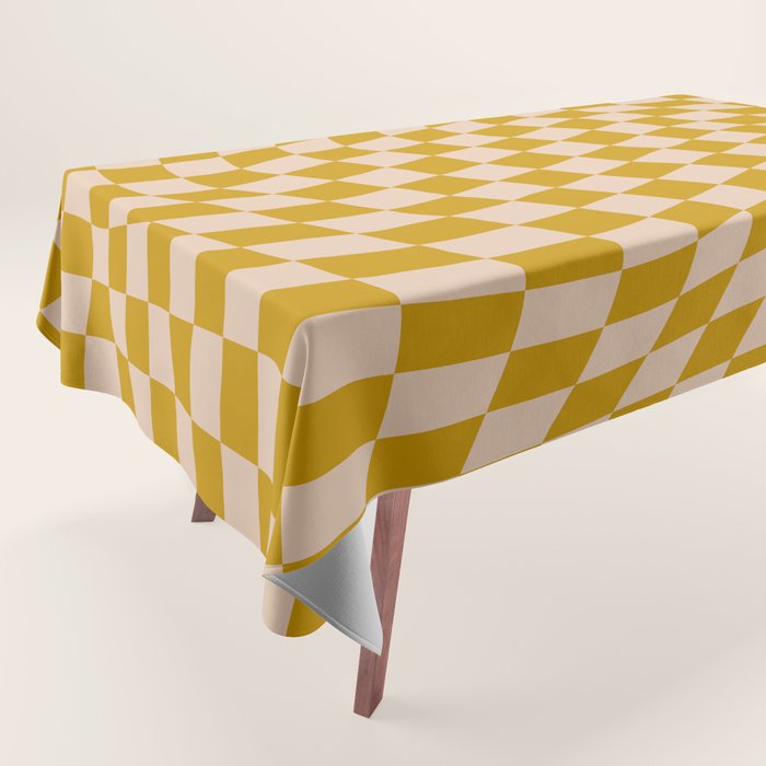 Retro Wavy Optical Illusion Checkerboard Pattern in Mustard Yellow and Cream Tablecloth Gallery Image 1