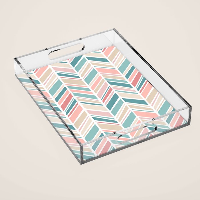 Herringbone Pattern - Cream Coral and Teal Acrylic Tray Gallery Image 1