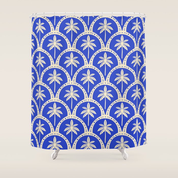 Vintage blue summer palm tree art pattern Shower Curtain Gallery Image 1