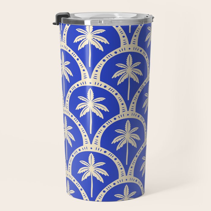 Vintage blue summer palm tree art pattern Travel Mug Gallery Image 3