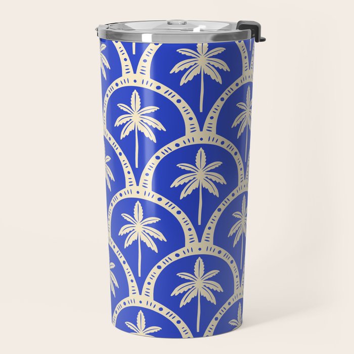 Vintage blue summer palm tree art pattern Travel Mug Gallery Image 2