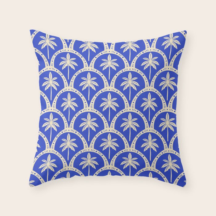 Vintage blue summer palm tree art pattern Throw Pillow Gallery Image 1