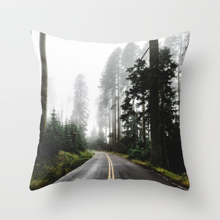 Foggy Forest Road - Pacific Northwest Travel Throw Pillow Gallery Image 6