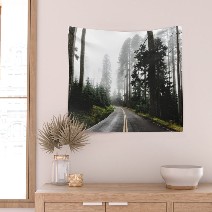 Foggy Forest Road - Pacific Northwest Travel Wall Tapestry Gallery Image 2