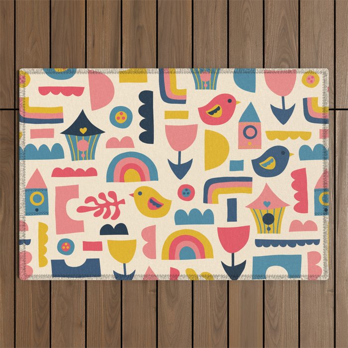 Scandinavian Birds Flowers Rainbows Kids Pattern Outdoor Rug Gallery Image 1