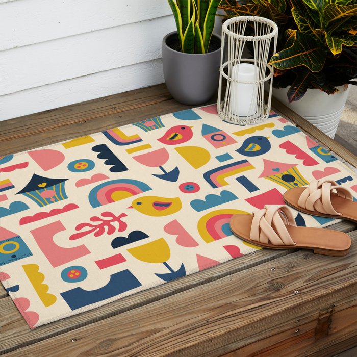 Scandinavian Birds Flowers Rainbows Kids Pattern Outdoor Rug Gallery Image 2