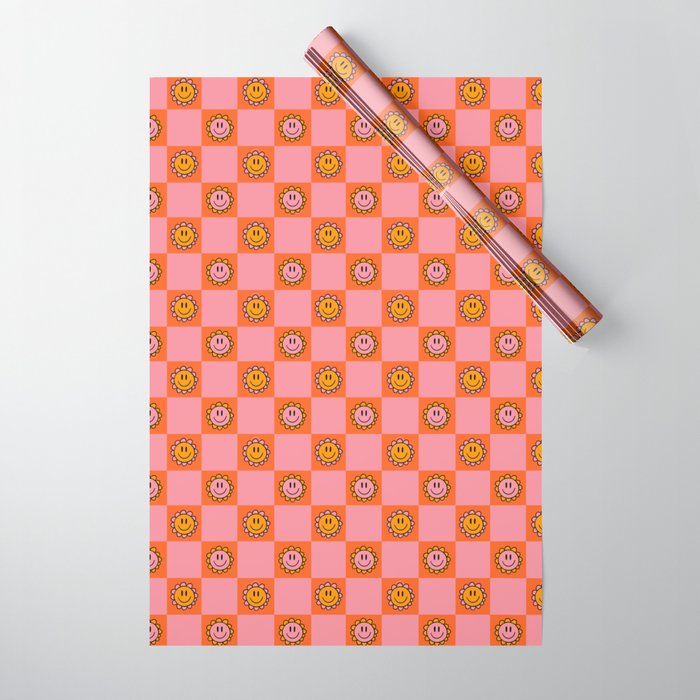 Orange Pink Smiley Checkerboard Print Wrapping Paper Gallery Image 1