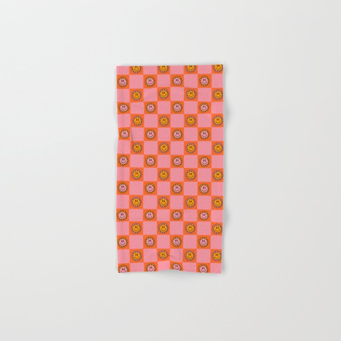 Orange Pink Smiley Checkerboard Print Bath Towel Gallery Image 1