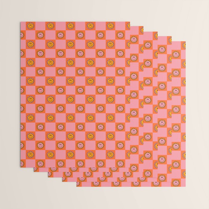 Orange Pink Smiley Checkerboard Print Wrapping Paper Gallery Image 3