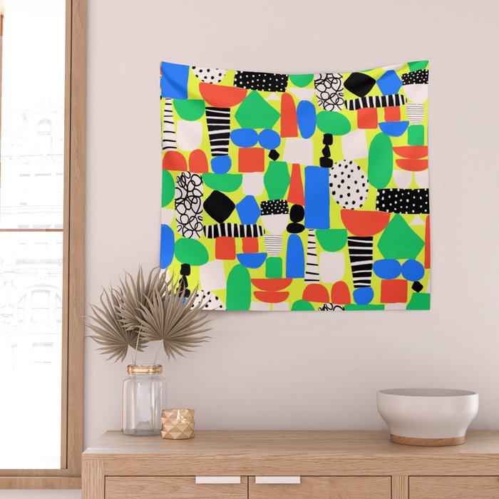 Geometric Collage Matisse Style Green Red Blue Red Pattern Wall Tapestry Gallery Image 2