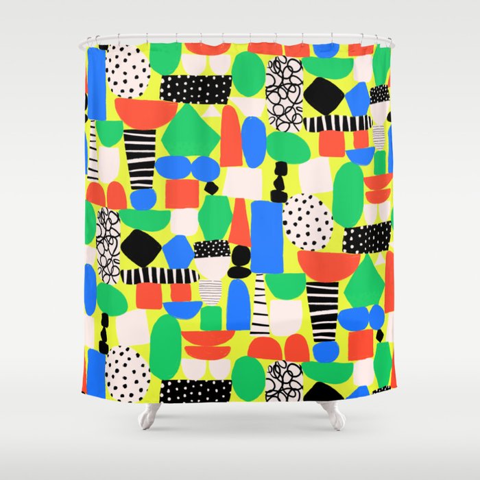 Geometric Collage Matisse Style Green Red Blue Red Pattern Shower Curtain Gallery Image 1