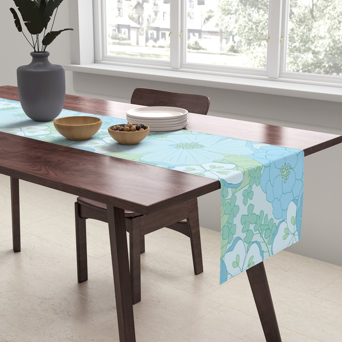 Light Blue Pastel Vintage Floral Pattern Table Runner Gallery Image 2