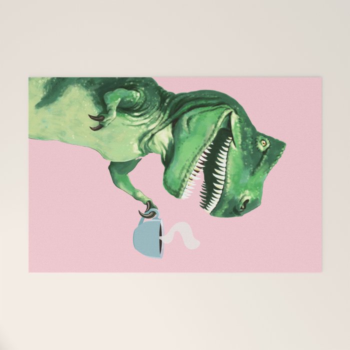 T-Rex Enjoying Coffee in Pink Welcome Mat Gallery Image 1