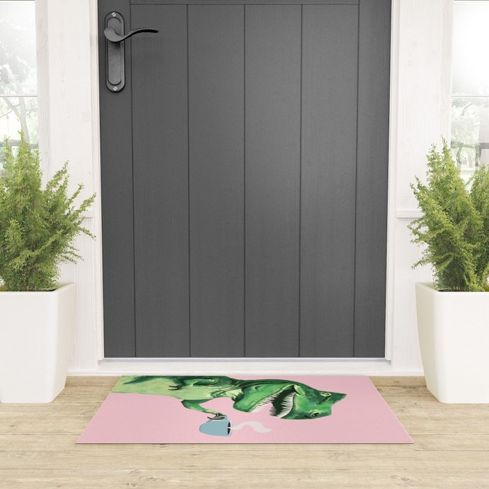 T-Rex Enjoying Coffee in Pink Welcome Mat Gallery Image 3