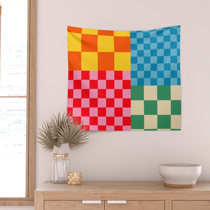 Blocks of Mixed Checkered Colorful Plaids geometric pattern Wall Tapestry Gallery Image 2