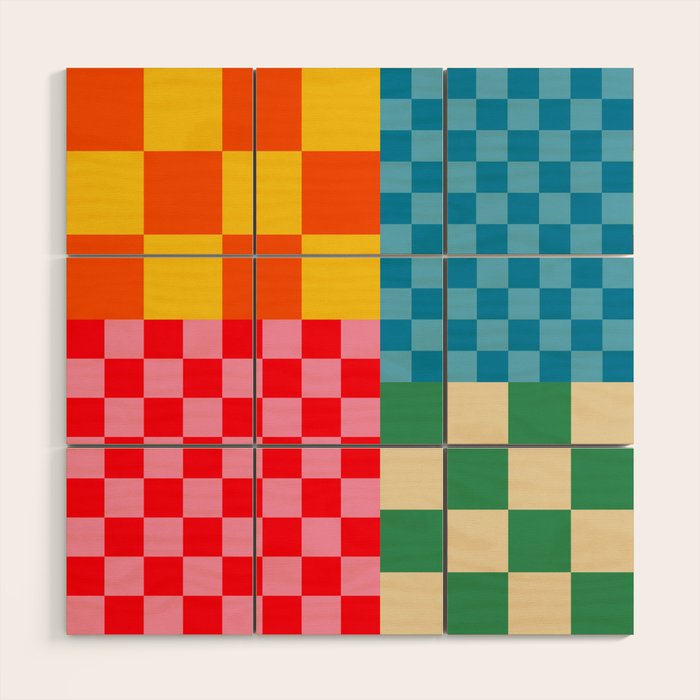 Blocks of Mixed Checkered Colorful Plaids geometric pattern Wood Wall Art Gallery Image 1