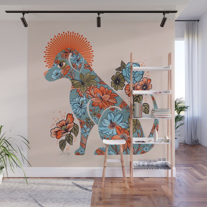 Porcelain Floral Dog - Blue & Coral Wall Mural Gallery Image 1