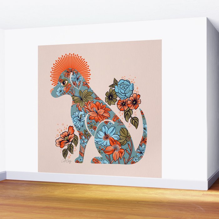 Porcelain Floral Dog - Blue & Coral Wall Mural Gallery Image 2