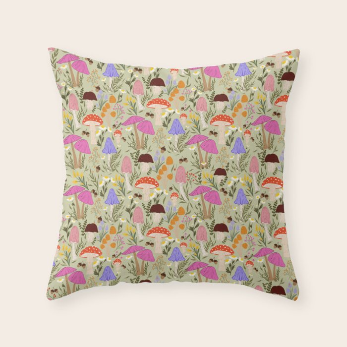 Colourful mushrooms, flowers and berries illustration  Throw Pillow Gallery Image 6