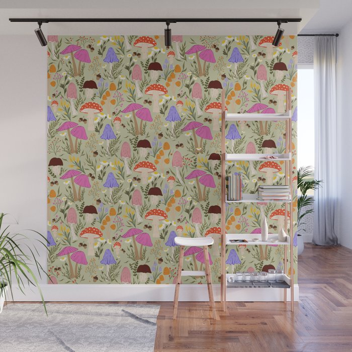 Colourful mushrooms, flowers and berries illustration  Wall Mural Gallery Image 1