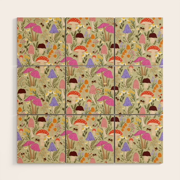 Colourful mushrooms, flowers and berries illustration  Wood Wall Art Gallery Image 1
