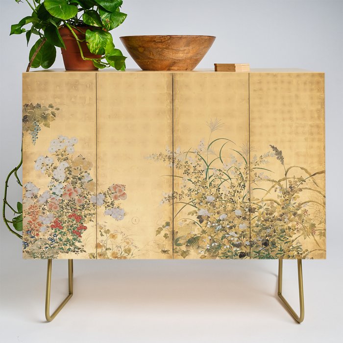 Japanese Edo Period Six-Panel Gold Leaf Screen - Spring and Autumn Flowers Credenza Gallery Image 1